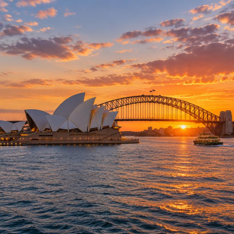 Sydney Opera House and Harbour Bridge at sunset