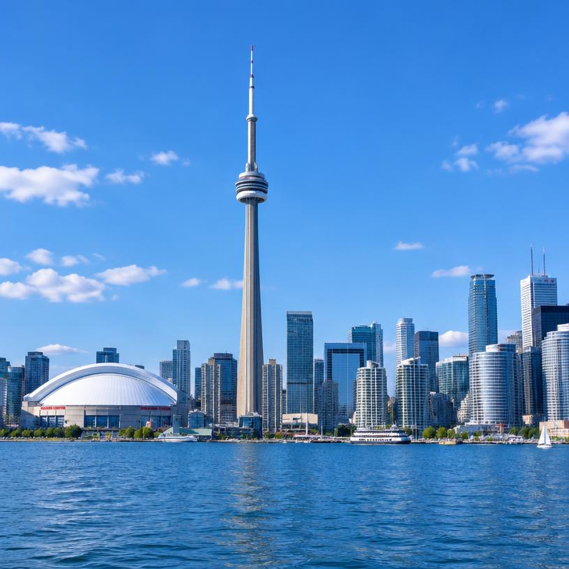 The Toronto skyline and CN Tower seen across the water