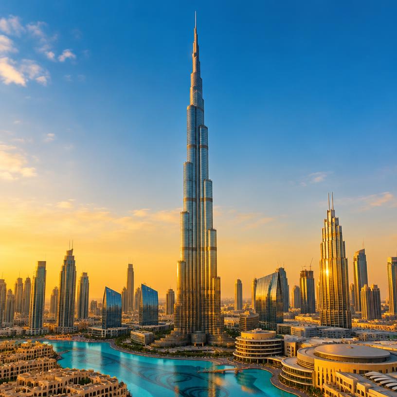 The Dubai skyline and Burj Khalifa at sunset